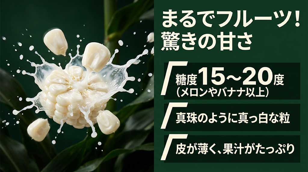 メロンやバナナ以上の糖度15から20度を誇る白いとうもろこし「雪の妖精」の特徴をまとめた画像