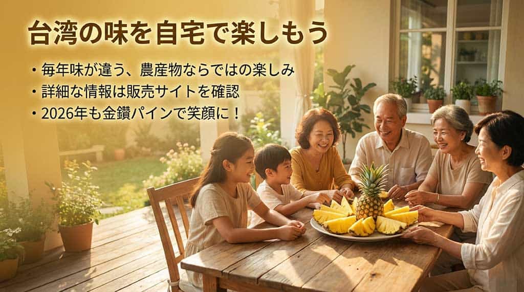 台湾の味を自宅で楽しむためのまとめ。農産物ならではの毎年の違いを楽しみ、詳細を販売サイトで確認することを促すスライド