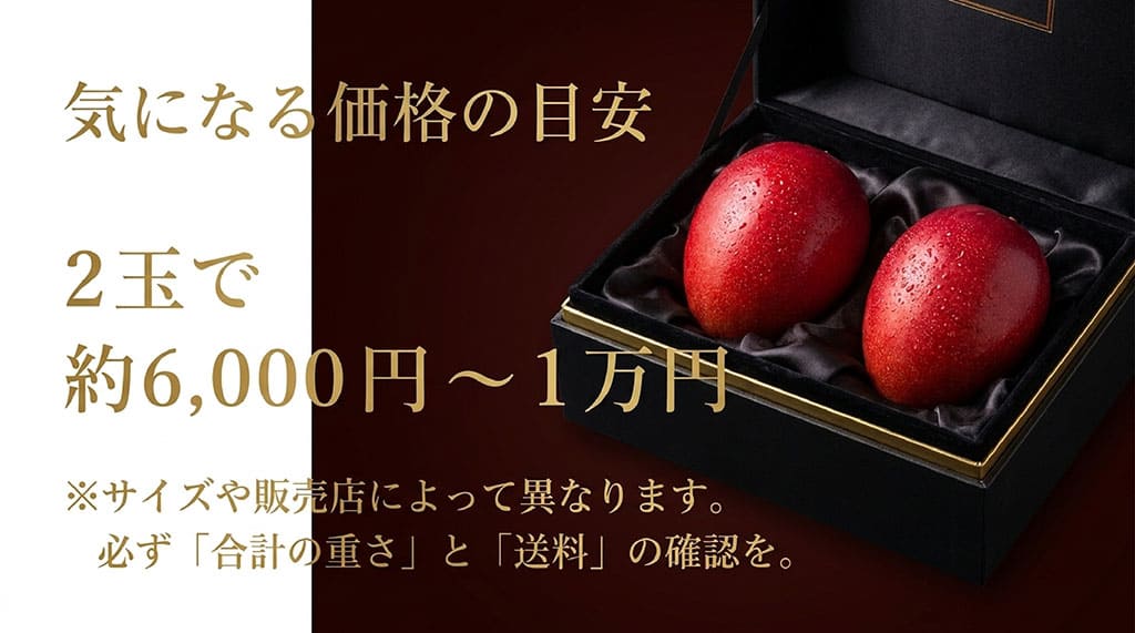 太陽のタマゴ2玉の価格目安(約6,000円〜1万円)と購入時の確認ポイント(合計の重さと送料)を示した画像