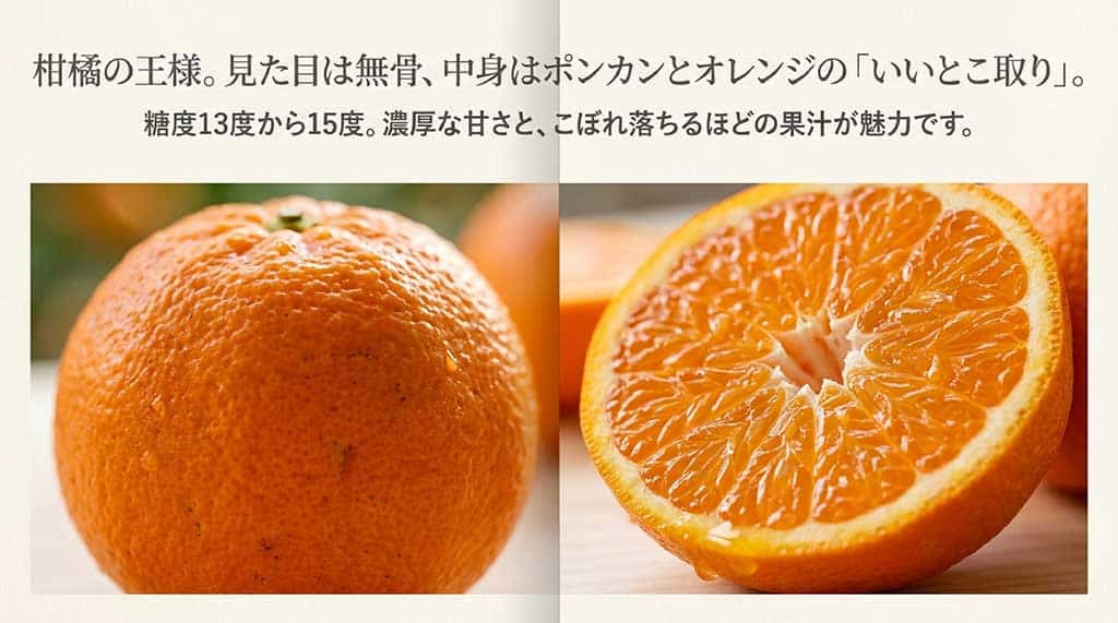 たんかんの果実と瑞々しい断面、糖度13〜15度の解説画像