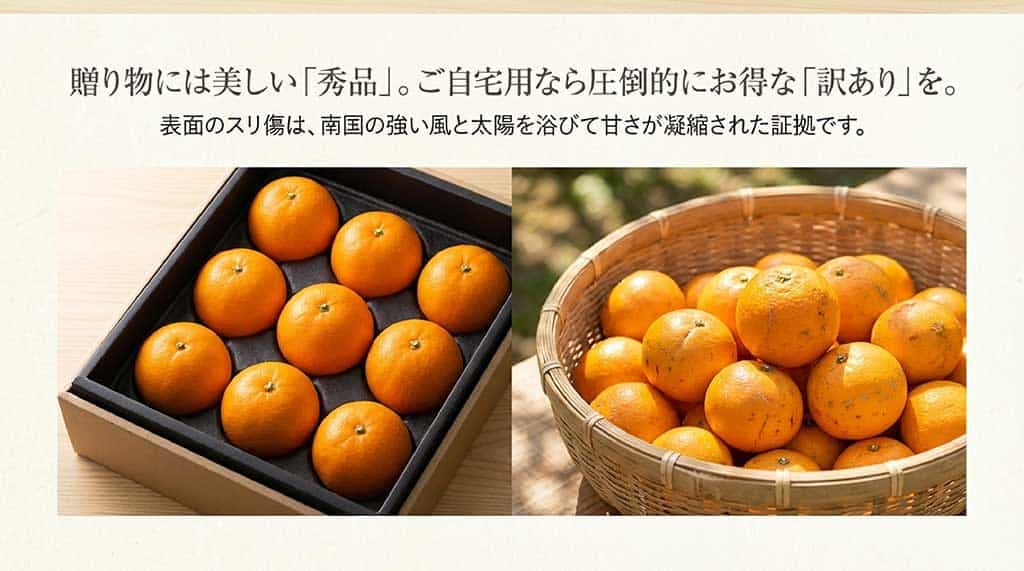 美しい贈答用ボックスと、表面に傷があるが甘い自宅用たんかんの比較画像