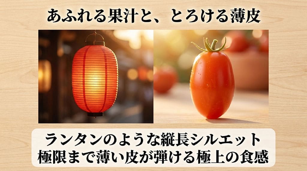 赤いランタンと縦長のトマランタンを比較し、ランタンのような形と果汁が広がる皮の食感を紹介する画像