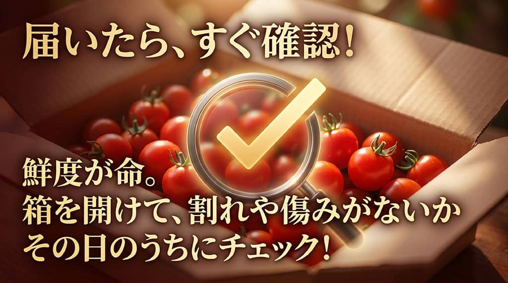 箱入りのトマランタンが届いたら、割れや傷み、汁漏れがないか当日中に確認することを示した画像