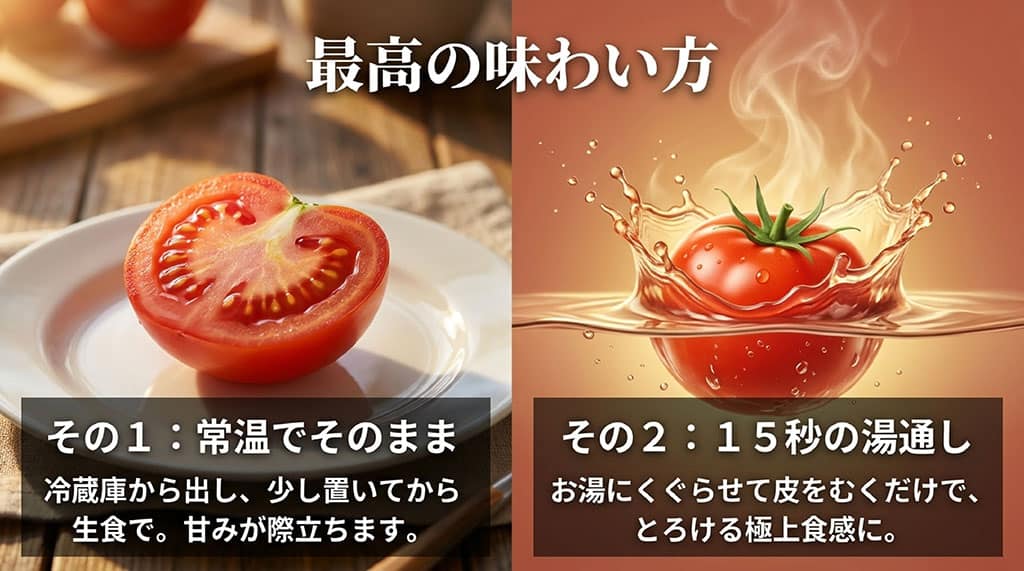 トマランタンを常温に戻して生で食べる方法と、約15秒湯通しして皮をむく方法を紹介する画像
