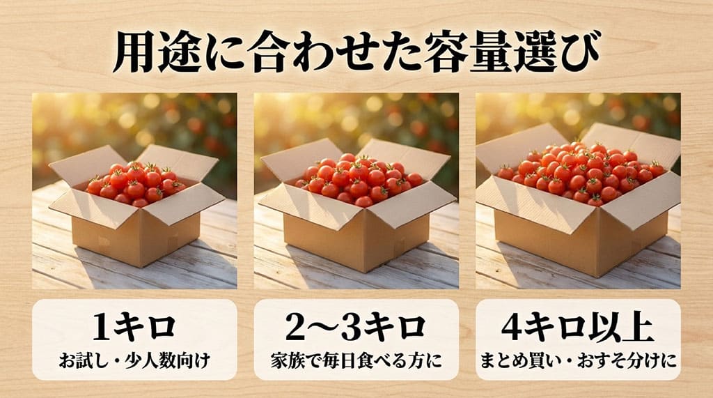 トマランタンの1kgはお試し、2~3kgは家族用、4kg以上はまとめ買い向けと示した容量選びの図