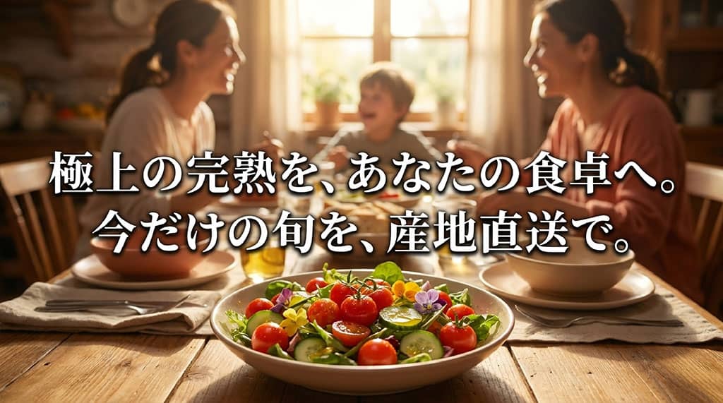 トマランタンを使ったサラダを囲む家族と、旬の完熟ミニトマトを産地直送で楽しむ様子