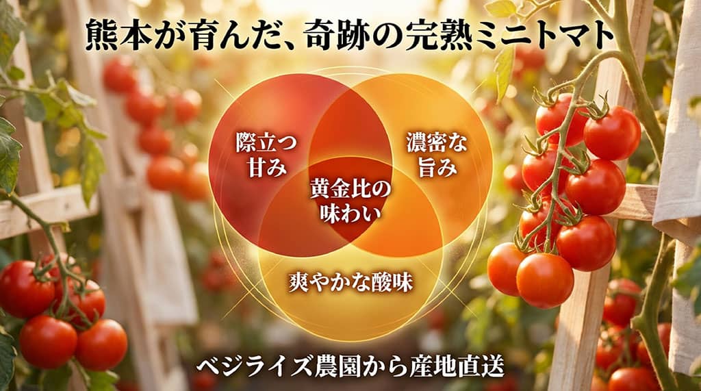 熊本産トマランタンの際立つ甘味、濃密な旨味、爽やかな酸味のバランスとVegeRiseからの産地直送を示す図