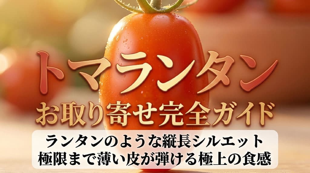 赤い縦長のトマランタンを背景に、通販お取り寄せ完全ガイドと特徴を紹介する記事サムネイル