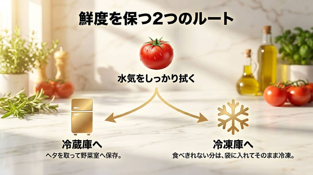 トマランタンの水気を拭き、ヘタを取って野菜室で冷蔵する方法と、保存袋に入れて冷凍する方法を示した図