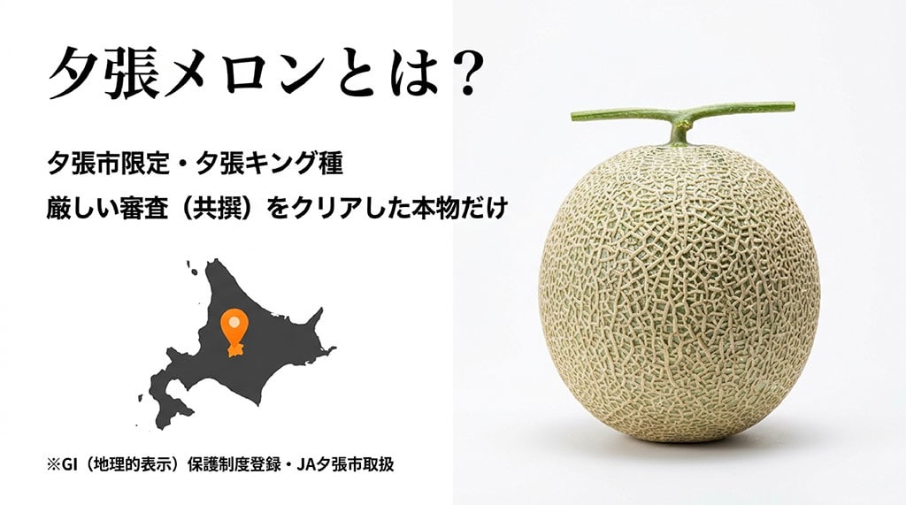 北海道夕張市で生産される夕張キング種とGI登録、JA夕張市の管理を示した図