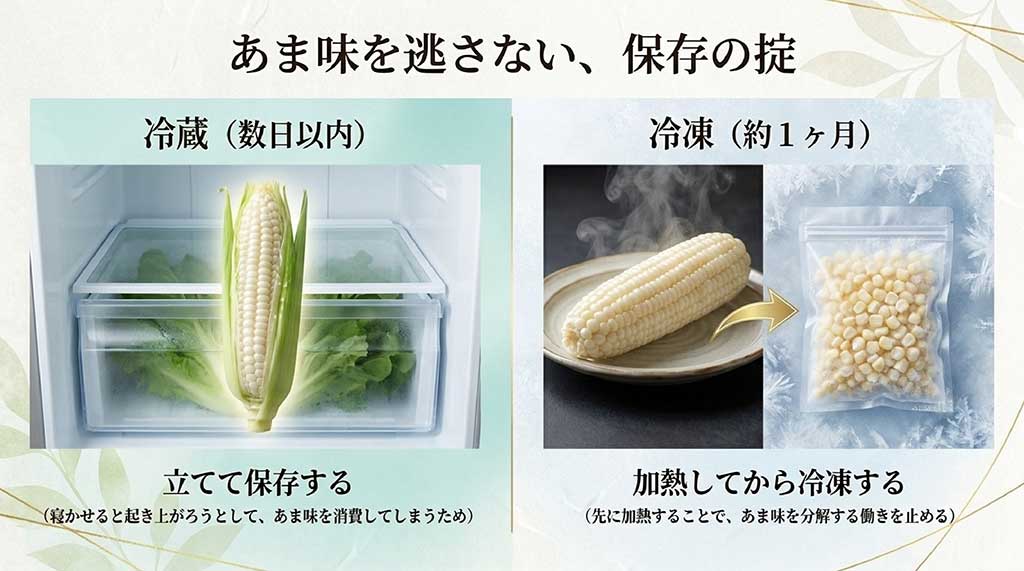 甘さを守るために野菜室へ立てて冷蔵保存する方法と加熱後に冷凍保存する方法の解説