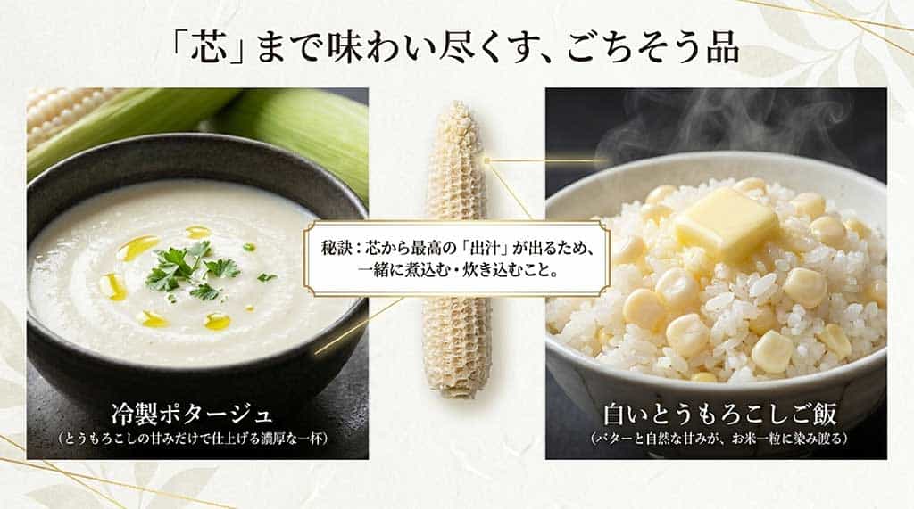 とうもろこしの芯から出汁をとる冷製ポタージュととうもろこしご飯の絶品レシピイメージ