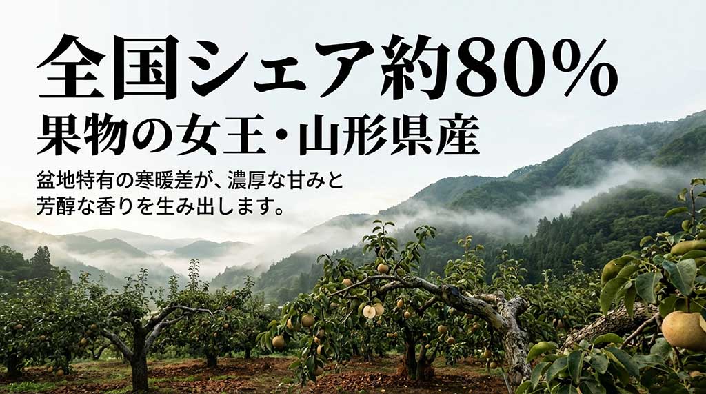 日本のラ・フランス生産量の約80%を占める山形県の特徴を紹介するグラフ
