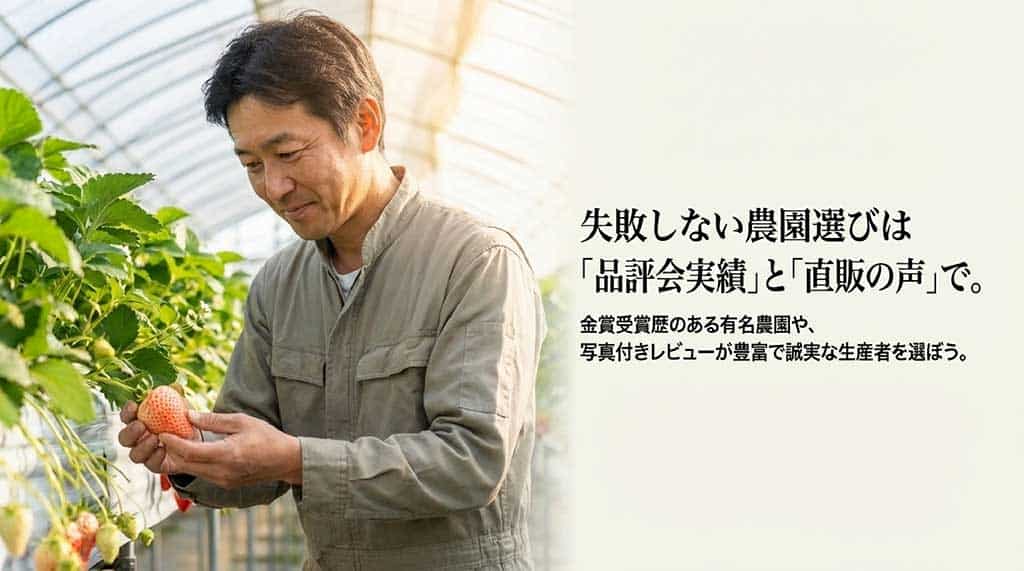 金賞受賞などの品評会実績や写真付きレビューを確認する誠実な生産者の選び方