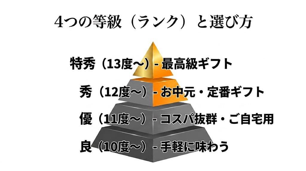 夕張メロンの特秀・秀・優・良の糖度基準とおすすめ用途を示したランク表