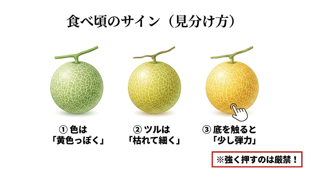 皮が黄色っぽい、ツルが枯れる、底に少し弾力が出る夕張メロンの食べ頃サイン