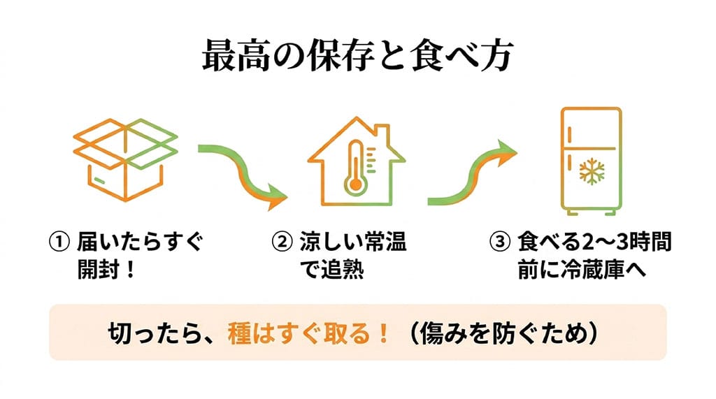 届いたら開封し、涼しい常温で追熟して、食べる2~3時間前に冷蔵する保存手順