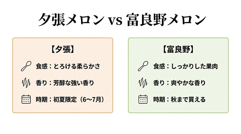 夕張メロンと富良野メロンの食感・香り・販売時期の違いを比較した図
