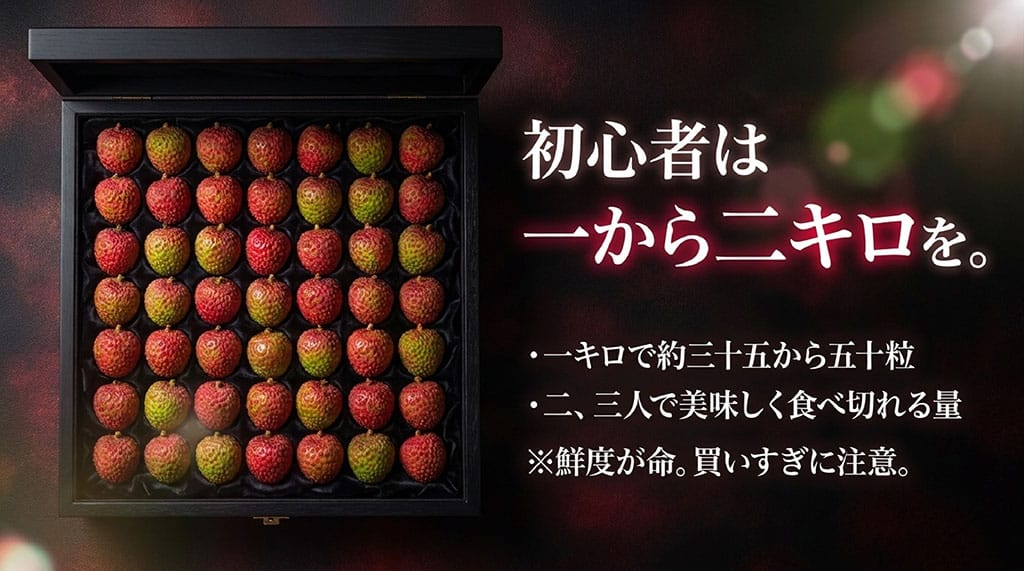 初めて台湾産玉荷包ライチを通販購入する人に、1kgから2kgを目安として案内する画像