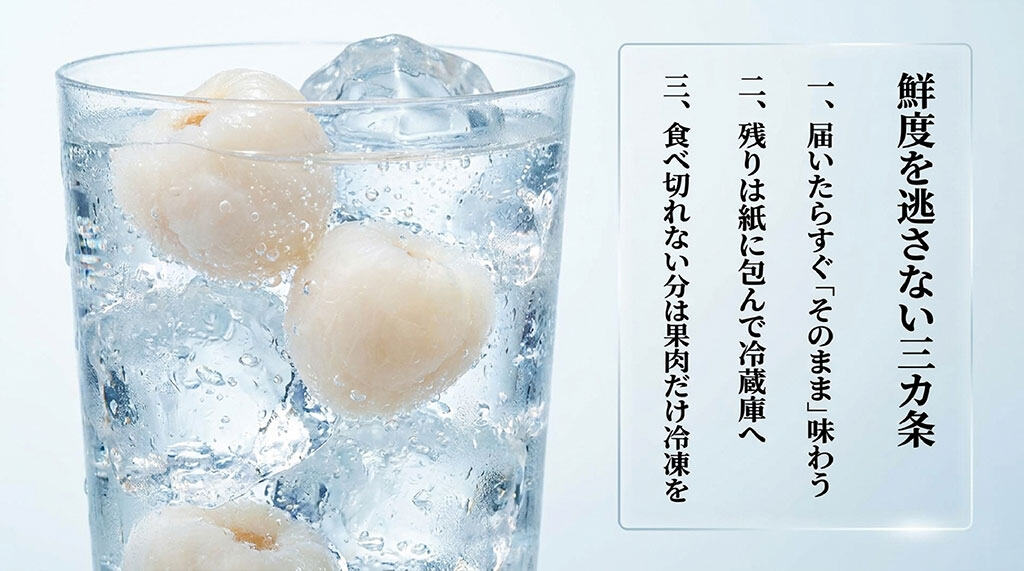 台湾産玉荷包ライチを届いたらそのまま味わい、残りは包んで冷蔵し、食べ切れない果肉を冷凍する方法