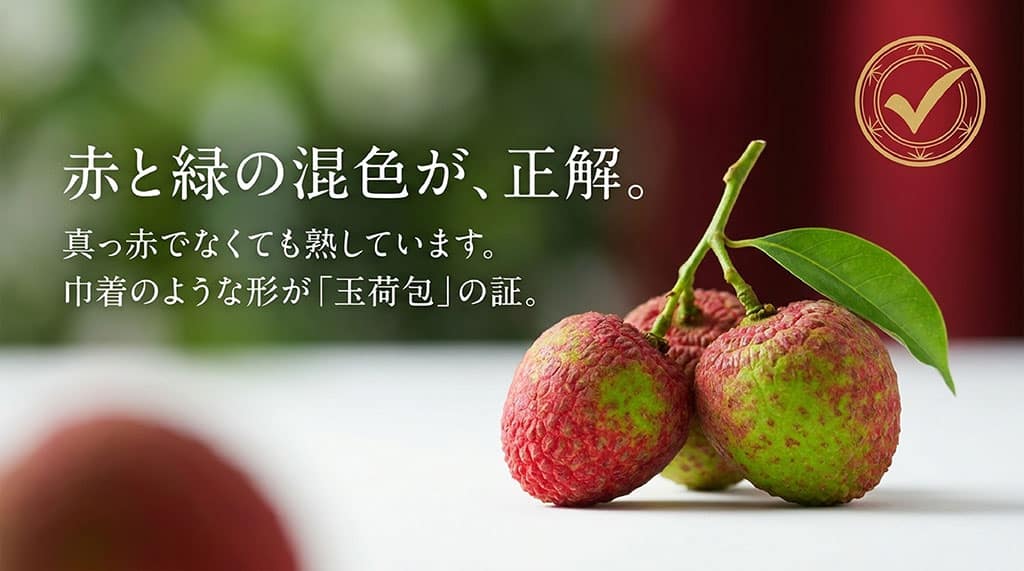 赤色と緑色が混ざった台湾産玉荷包ライチの果皮と、巾着袋に似た果実の形