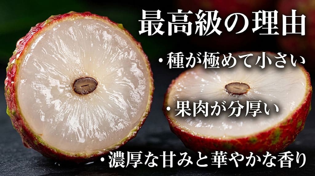 台湾産玉荷包ライチの断面と、小さな種、分厚い果肉、濃い甘みや華やかな香りの特徴